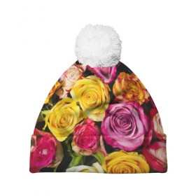 Шапка 3D c помпоном с принтом Розы в Тюмени, 100% полиэстер | универсальный размер, печать по всей поверхности изделия | букет | растения | розы | цветы