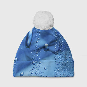 Шапка 3D c помпоном с принтом Капли воды на стекле в Тюмени, 100% полиэстер | универсальный размер, печать по всей поверхности изделия | Тематика изображения на принте: вода | капли | крупные | мелкие | синий | стекло