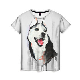 Женская футболка 3D с принтом Хаски в Тюмени, 100% полиэфир ( синтетическое хлопкоподобное полотно) | прямой крой, круглый вырез горловины, длина до линии бедер | голова животного | кутёнок | прикольные картинки | собака | щенок