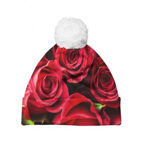 Шапка 3D c помпоном с принтом Розы в Тюмени, 100% полиэстер | универсальный размер, печать по всей поверхности изделия | красный | лепестки | прикольные картинки | розы | цветочки | цветы