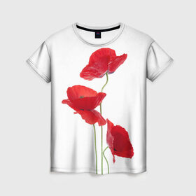 Женская футболка 3D с принтом Маки в Тюмени, 100% полиэфир ( синтетическое хлопкоподобное полотно) | прямой крой, круглый вырез горловины, длина до линии бедер | field | flowers | poppies | poppy | red | wild | красные | мак | маки | поле | полевые | цветы