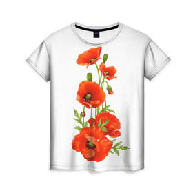 Женская футболка 3D с принтом Маки в Тюмени, 100% полиэфир ( синтетическое хлопкоподобное полотно) | прямой крой, круглый вырез горловины, длина до линии бедер | Тематика изображения на принте: field | flowers | poppies | poppy | red | wild | красные | мак | маки | поле | полевые | цветы