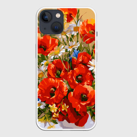 Чехол для iPhone 13 с принтом Маки в Тюмени,  |  | art | daisy | drawing | field | flowers | poppies | poppy | red | white | арт | белые | красные | мак | маки | полевые | рисунок | ромашки | цветы