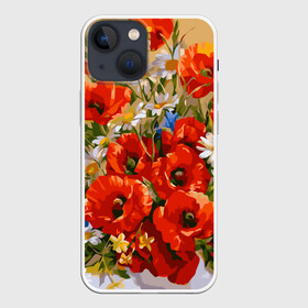 Чехол для iPhone 13 mini с принтом Маки в Тюмени,  |  | art | daisy | drawing | field | flowers | poppies | poppy | red | white | арт | белые | красные | мак | маки | полевые | рисунок | ромашки | цветы