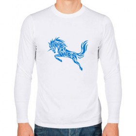 Мужской лонгслив хлопок с принтом Blue unicorn в Тюмени, 100% хлопок |  | вектор | грива | единорог | животное | конь | прыгающий | рог | синий | скачущий | существо | тату