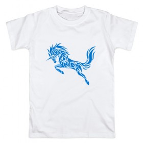 Мужская футболка хлопок с принтом Blue unicorn в Тюмени, 100% хлопок | прямой крой, круглый вырез горловины, длина до линии бедер, слегка спущенное плечо. | вектор | грива | единорог | животное | конь | прыгающий | рог | синий | скачущий | существо | тату