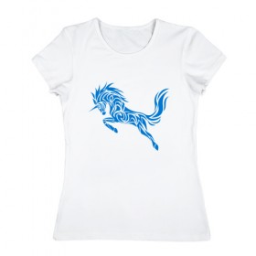Женская футболка хлопок с принтом Blue unicorn в Тюмени, 100% хлопок | прямой крой, круглый вырез горловины, длина до линии бедер, слегка спущенное плечо | вектор | грива | единорог | животное | конь | прыгающий | рог | синий | скачущий | существо | тату