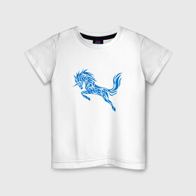Детская футболка хлопок с принтом Blue unicorn в Тюмени, 100% хлопок | круглый вырез горловины, полуприлегающий силуэт, длина до линии бедер | вектор | грива | единорог | животное | конь | прыгающий | рог | синий | скачущий | существо | тату