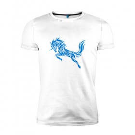 Мужская футболка премиум с принтом Blue unicorn в Тюмени, 92% хлопок, 8% лайкра | приталенный силуэт, круглый вырез ворота, длина до линии бедра, короткий рукав | вектор | грива | единорог | животное | конь | прыгающий | рог | синий | скачущий | существо | тату