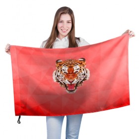 Флаг 3D с принтом Полигональный Тигр в Тюмени, 100% полиэстер | плотность ткани — 95 г/м2, размер — 67 х 109 см. Принт наносится с одной стороны | красный | полигоны | тигр