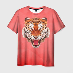 Мужская футболка 3D с принтом Полигональный Тигр в Тюмени, 100% полиэфир | прямой крой, круглый вырез горловины, длина до линии бедер | красный | полигоны | тигр