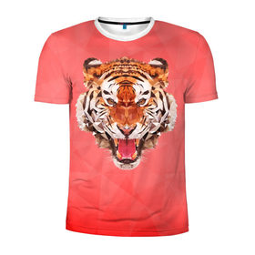 Мужская футболка 3D спортивная с принтом Полигональный Тигр в Тюмени, 100% полиэстер с улучшенными характеристиками | приталенный силуэт, круглая горловина, широкие плечи, сужается к линии бедра | красный | полигоны | тигр