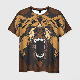 Мужская футболка 3D с принтом Медведь в Тюмени, 100% полиэфир | прямой крой, круглый вырез горловины, длина до линии бедер | animal | bear | beast | brown | face | fangs | head | taiga | teeth | wild | бурый | голова | дикий | животное | зверь | клыки | медведь | оскал | тайга