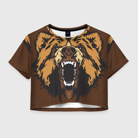 Женская футболка 3D укороченная с принтом Медведь в Тюмени, 100% полиэстер | круглая горловина, длина футболки до линии талии, рукава с отворотами | animal | bear | beast | brown | face | fangs | head | taiga | teeth | wild | бурый | голова | дикий | животное | зверь | клыки | медведь | оскал | тайга