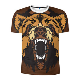 Мужская футболка 3D спортивная с принтом Медведь в Тюмени, 100% полиэстер с улучшенными характеристиками | приталенный силуэт, круглая горловина, широкие плечи, сужается к линии бедра | animal | bear | beast | brown | face | fangs | head | taiga | teeth | wild | бурый | голова | дикий | животное | зверь | клыки | медведь | оскал | тайга