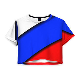 Женская футболка 3D укороченная с принтом Российский флаг в Тюмени, 100% полиэстер | круглая горловина, длина футболки до линии талии, рукава с отворотами | косой | наклонный | триколор