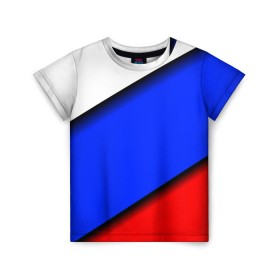 Детская футболка 3D с принтом Российский флаг в Тюмени, 100% гипоаллергенный полиэфир | прямой крой, круглый вырез горловины, длина до линии бедер, чуть спущенное плечо, ткань немного тянется | косой | наклонный | триколор