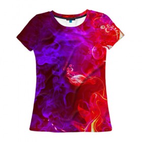 Женская футболка 3D с принтом Огненная стихия в Тюмени, 100% полиэфир ( синтетическое хлопкоподобное полотно) | прямой крой, круглый вырез горловины, длина до линии бедер | дым | пламя | цветок | яркий