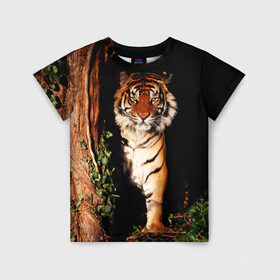 Детская футболка 3D с принтом Тигр в Тюмени, 100% гипоаллергенный полиэфир | прямой крой, круглый вырез горловины, длина до линии бедер, чуть спущенное плечо, ткань немного тянется | Тематика изображения на принте: дикая кошка | лес | природа | тигр | хищник