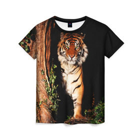 Женская футболка 3D с принтом Тигр в Тюмени, 100% полиэфир ( синтетическое хлопкоподобное полотно) | прямой крой, круглый вырез горловины, длина до линии бедер | дикая кошка | лес | природа | тигр | хищник