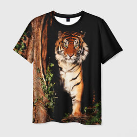 Мужская футболка 3D с принтом Тигр в Тюмени, 100% полиэфир | прямой крой, круглый вырез горловины, длина до линии бедер | дикая кошка | лес | природа | тигр | хищник