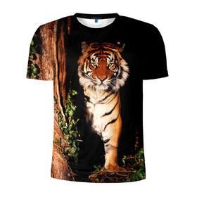 Мужская футболка 3D спортивная с принтом Тигр в Тюмени, 100% полиэстер с улучшенными характеристиками | приталенный силуэт, круглая горловина, широкие плечи, сужается к линии бедра | дикая кошка | лес | природа | тигр | хищник
