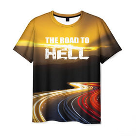 Мужская футболка 3D с принтом Дорога в ад в Тюмени, 100% полиэфир | прямой крой, круглый вырез горловины, длина до линии бедер | автомобиль | байкер | дорога | драйв | небо | скорость