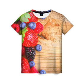 Женская футболка 3D с принтом Ягодки в Тюмени, 100% полиэфир ( синтетическое хлопкоподобное полотно) | прямой крой, круглый вырез горловины, длина до линии бедер | красная | малина | новая | ягода | ягодная