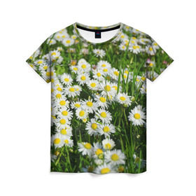 Женская футболка 3D с принтом Ромашки 2 в Тюмени, 100% полиэфир ( синтетическое хлопкоподобное полотно) | прямой крой, круглый вырез горловины, длина до линии бедер | лепестки | прикольные картинки | ромашки | цветочки | цветы