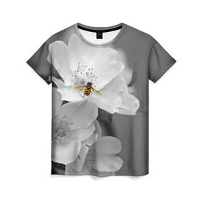 Женская футболка 3D с принтом Пчела на цветах в Тюмени, 100% полиэфир ( синтетическое хлопкоподобное полотно) | прямой крой, круглый вырез горловины, длина до линии бедер | лепестки | цветы