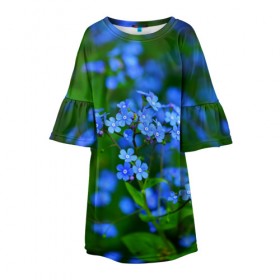 Детское платье 3D с принтом Синие цветы в Тюмени, 100% полиэстер | прямой силуэт, чуть расширенный к низу. Круглая горловина, на рукавах — воланы | Тематика изображения на принте: лепестки | прикольные картинки | цветочки | цветы