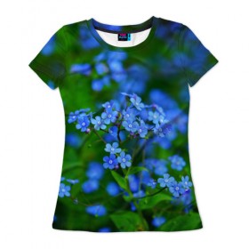 Женская футболка 3D с принтом Синие цветы в Тюмени, 100% полиэфир ( синтетическое хлопкоподобное полотно) | прямой крой, круглый вырез горловины, длина до линии бедер | лепестки | прикольные картинки | цветочки | цветы