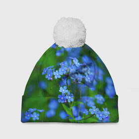 Шапка 3D c помпоном с принтом Синие цветы в Тюмени, 100% полиэстер | универсальный размер, печать по всей поверхности изделия | лепестки | прикольные картинки | цветочки | цветы
