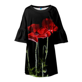 Детское платье 3D с принтом Маки в Тюмени, 100% полиэстер | прямой силуэт, чуть расширенный к низу. Круглая горловина, на рукавах — воланы | background | black | flowers | poppies | poppy | red | wild | красные | мак | маки | полевые | фон | цветы | черный