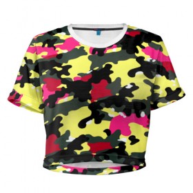 Женская футболка 3D укороченная с принтом Камуфляж в Тюмени, 100% полиэстер | круглая горловина, длина футболки до линии талии, рукава с отворотами | camo | камо | разноцветные
