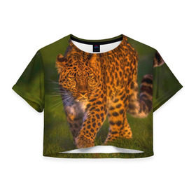 Женская футболка 3D укороченная с принтом Дальневосточный леопард в Тюмени, 100% полиэстер | круглая горловина, длина футболки до линии талии, рукава с отворотами | 