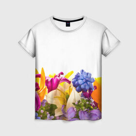 Женская футболка 3D с принтом Среди цветов в Тюмени, 100% полиэфир ( синтетическое хлопкоподобное полотно) | прямой крой, круглый вырез горловины, длина до линии бедер | аромат | букет | вазон | великолепие | краски | красота | куст | луг | полевые цветы | полянка | природа | растения | украшение | фауна | цветник | цветы