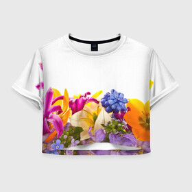 Женская футболка 3D укороченная с принтом Среди цветов в Тюмени, 100% полиэстер | круглая горловина, длина футболки до линии талии, рукава с отворотами | аромат | букет | вазон | великолепие | краски | красота | куст | луг | полевые цветы | полянка | природа | растения | украшение | фауна | цветник | цветы