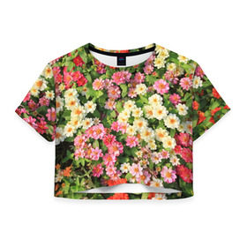 Женская футболка 3D укороченная с принтом Весеннее настроение в Тюмени, 100% полиэстер | круглая горловина, длина футболки до линии талии, рукава с отворотами | аромат | букет | вазон | великолепие | краски | красота | куст | луг | полевые цветы | полянка | природа | растения | розы | ромашки | тюльпаны | украшение | фауна | цветник | цветок | цветочек | цветы