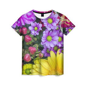 Женская футболка 3D с принтом Роскошные цветы в Тюмени, 100% полиэфир ( синтетическое хлопкоподобное полотно) | прямой крой, круглый вырез горловины, длина до линии бедер | аромат | астры | букет | вазон | великолепие | гвоздики | гиацинт | гортензия | калла | краски | красота | куст | лилия | орхидея | пион | подсолнух | полевые цветы | природа | растения | розы | ромашки
