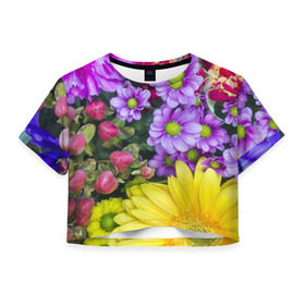 Женская футболка 3D укороченная с принтом Роскошные цветы в Тюмени, 100% полиэстер | круглая горловина, длина футболки до линии талии, рукава с отворотами | аромат | астры | букет | вазон | великолепие | гвоздики | гиацинт | гортензия | калла | краски | красота | куст | лилия | орхидея | пион | подсолнух | полевые цветы | природа | растения | розы | ромашки