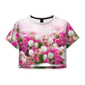 Женская футболка 3D укороченная с принтом Нежные розы в Тюмени, 100% полиэстер | круглая горловина, длина футболки до линии талии, рукава с отворотами | аромат | букет | вазон | великолепие | краски | красота | куст | нежность | природа | растения | розы | украшение | фауна | цветник | цветы