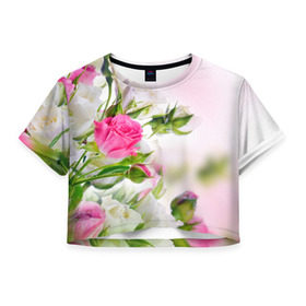 Женская футболка 3D укороченная с принтом Алые розы в Тюмени, 100% полиэстер | круглая горловина, длина футболки до линии талии, рукава с отворотами | аромат | букет | вазон | великолепие | краски | красота | куст | нежность | природа | растения | розы | украшение | фауна | цветник | цветы