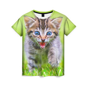 Женская футболка 3D с принтом Кися в Тюмени, 100% полиэфир ( синтетическое хлопкоподобное полотно) | прямой крой, круглый вырез горловины, длина до линии бедер | домашние | животные | кот | котёнок | кошка | милый