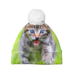Шапка 3D c помпоном с принтом Кися в Тюмени, 100% полиэстер | универсальный размер, печать по всей поверхности изделия | домашние | животные | кот | котёнок | кошка | милый