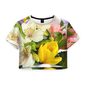 Женская футболка 3D укороченная с принтом Красивый букет в Тюмени, 100% полиэстер | круглая горловина, длина футболки до линии талии, рукава с отворотами | аромат | астры | букет | вазон | великолепие | гвоздики | гиацинт | гортензия | калла | краски | красота | куст | лилия | орхидея | пион | подсолнух | полевые цветы | природа | растения | розы | ромашки