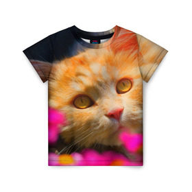 Детская футболка 3D с принтом Кошечка в Тюмени, 100% гипоаллергенный полиэфир | прямой крой, круглый вырез горловины, длина до линии бедер, чуть спущенное плечо, ткань немного тянется | животные | кот | кошка | милая | рыжий