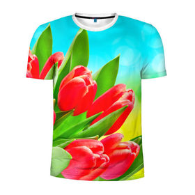 Мужская футболка 3D спортивная с принтом Тюльпаны в Тюмени, 100% полиэстер с улучшенными характеристиками | приталенный силуэт, круглая горловина, широкие плечи, сужается к линии бедра | Тематика изображения на принте: краснык | природа | тюльпан | цветок