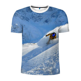 Мужская футболка 3D спортивная с принтом Спуск в Тюмени, 100% полиэстер с улучшенными характеристиками | приталенный силуэт, круглая горловина, широкие плечи, сужается к линии бедра | гора | зима | лыжник | снег | спорт | спуск
