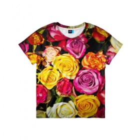 Детская футболка 3D с принтом Букет роз в Тюмени, 100% гипоаллергенный полиэфир | прямой крой, круглый вырез горловины, длина до линии бедер, чуть спущенное плечо, ткань немного тянется | жёлтый | красный | лепестки | прикольные картинки | розы | цветочки | цветы